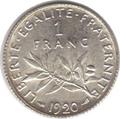 1920 - Philatelie - pièce de monnaie française en argent - 1 franc